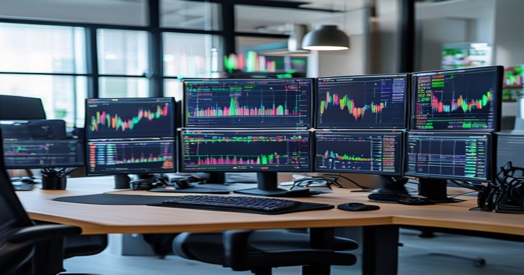 How to choose a crypto exchange — trader's multi-monitor setup with candlestick charts